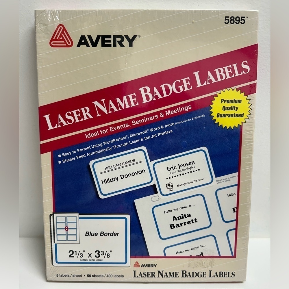 Avery 5895 Laser Name Badge Labels Blue Border 2 1/3 x 3 3/8  QTY 400 NEW IN BOX